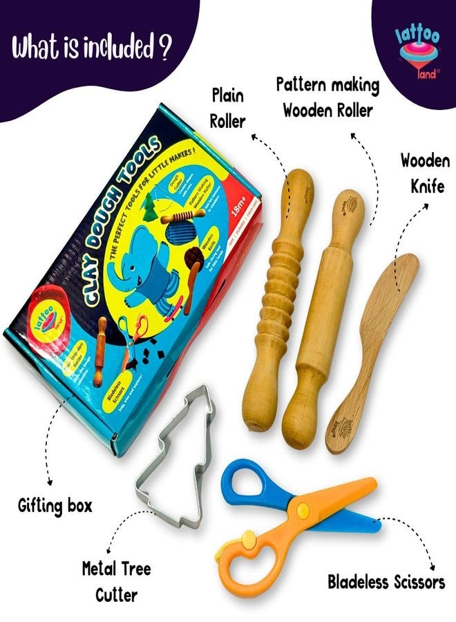 Lattooland Play Dough Tools |Wooden Tools for Clay |Montessori Toys |Pretend Play| Durable & Safe | Set of 5 Child-Sized Tools for Boys Girls 2 3 4 5 6 7 - Image 3